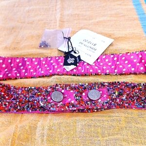Hand beaded belt by Ibisco double metal button closure satin lining hot pink XS